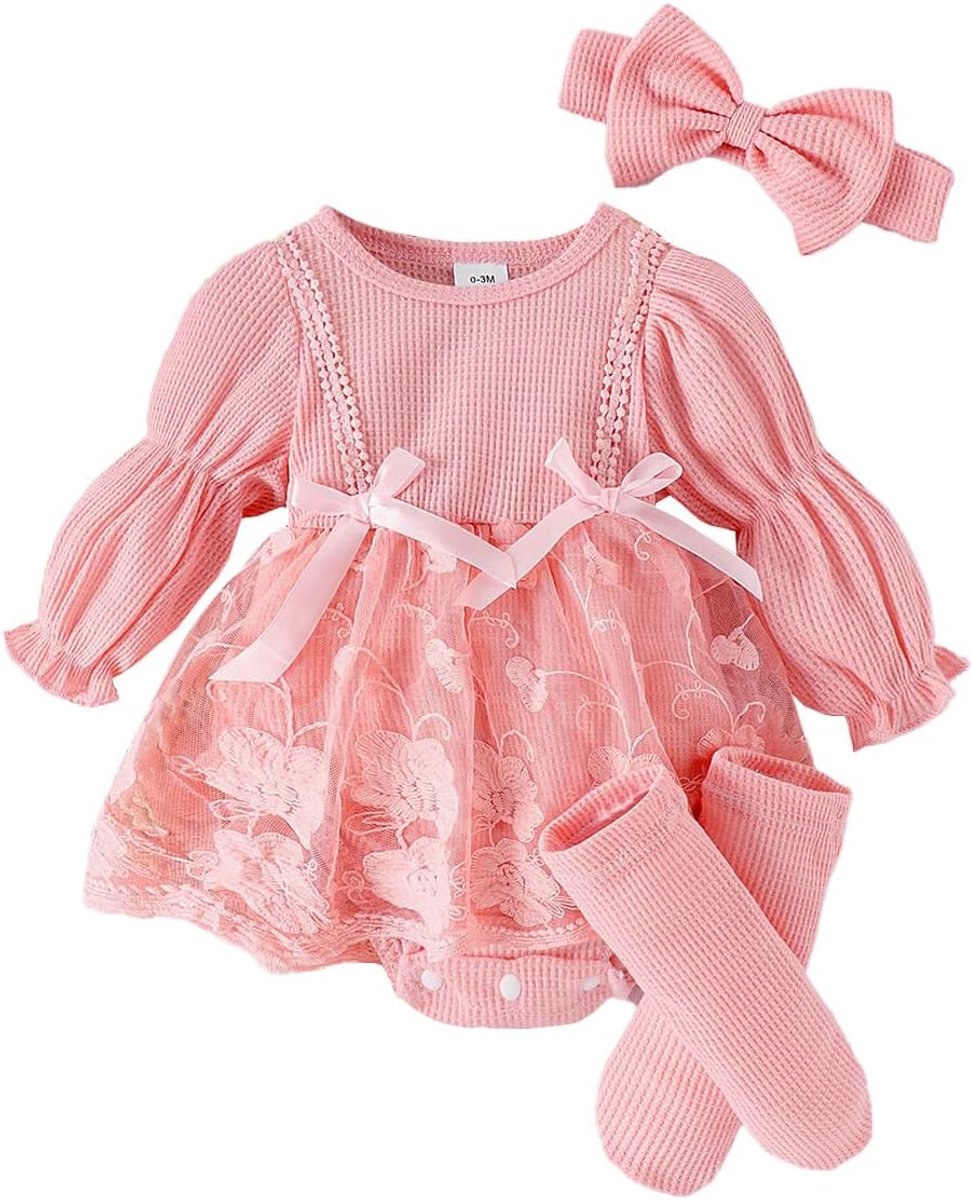 Outfit voor pasgeborenen meisjes jurk van ribgebreide kant sokken hoofdband