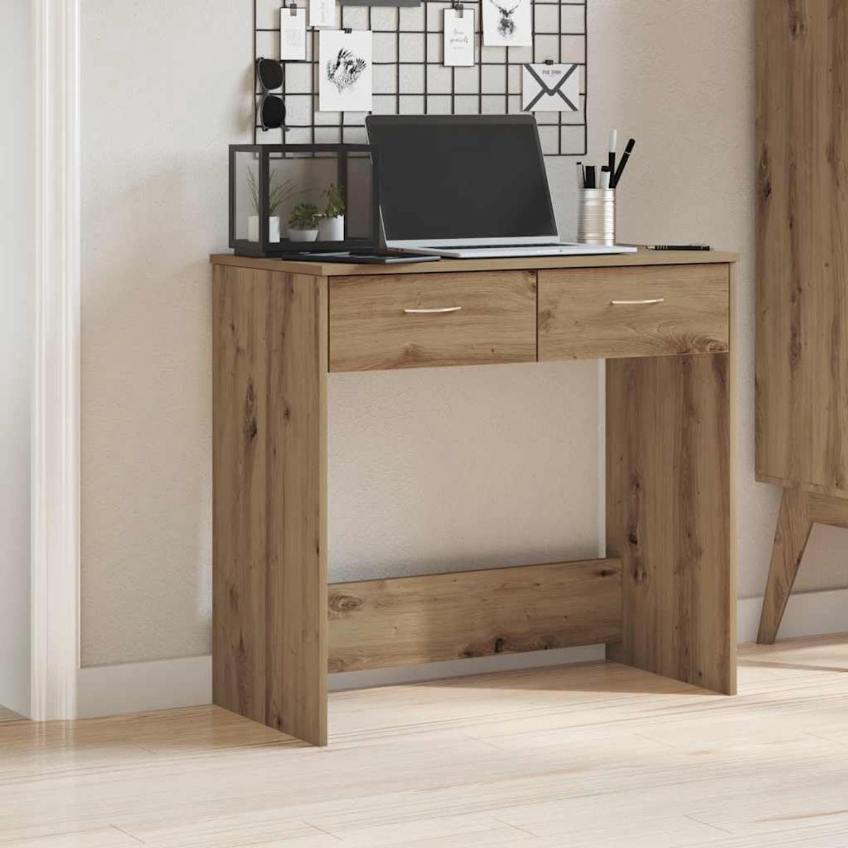 Bureau, computertafel met 2 laden, compacte houten werktafel, moderne computertafel voor thuiskantoor, jeugd- of werkkamer (Artisianoak)