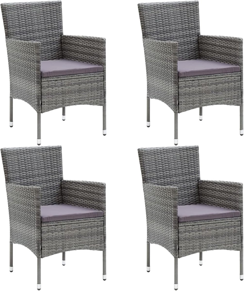 Set van 4 tuinstoelen met kussens, eetkamerstoelen, voor buiten, terrasstoel, tuinmeubelen, rotan, grijs, 53 x 58 x 84 cm