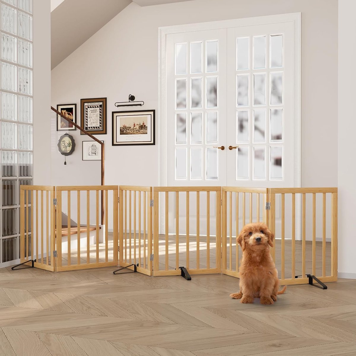 Houten hondenhekken voor het huis extra breed, 6-panel vrijstaande huisdierhekken met 4 stuks metalen standaards voor deuropeningen en trappen, opvouwbare hondenhekken binnen, breidt uit