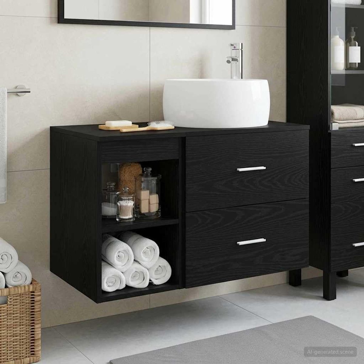 Badkamermeubelset 2 st. Zwart eiken houtmateriaal, wandmontage