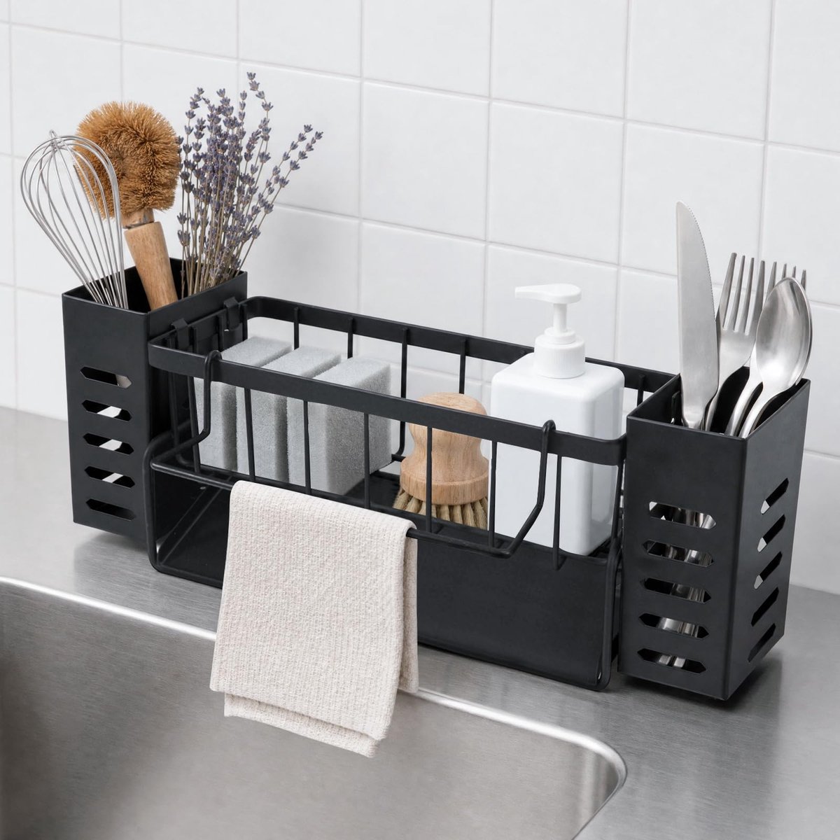Famanu – Roestvrijstalen gootsteenorganizer met afneembare vaatdoekhouder