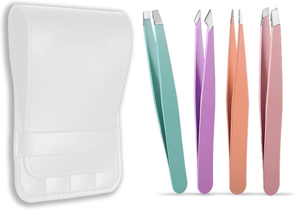 Pincetten voor vrouwen en mannen, voor het verwijderen van hardnekkig haar, met lederen etui (4 kleuren)