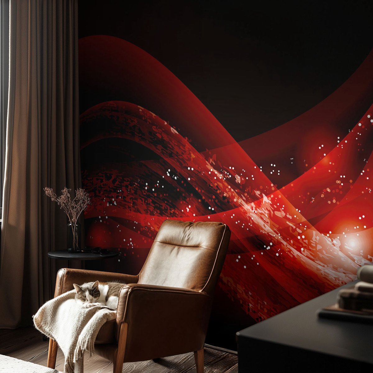 Coloray Vliesbehang - Zwart Snellijm Behang - 152x104 cm - Rode Vortex Fotobehang Vlies - Hal behang Abstractie - Muurschildering - Hal behang