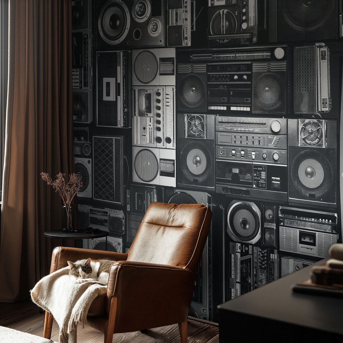 Coloray Vliesbehang - Zwart Snellijm Behang - 104x70 cm - Retro Radio Muurschildering - Gang behang Achtergronden En Patronen - Fotobehang Vlies - Gang behang