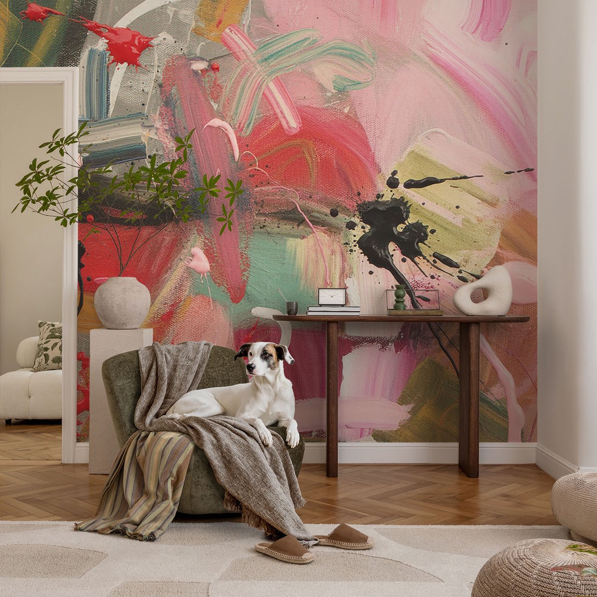 Coloray Vliesbehang - Roze Snellijm Behang - 104x70 cm - Kleurrijke Chaos Muurschildering - Gang behang Achtergronden En Patronen - Fotobehang Vlies - Slaapkamer behang