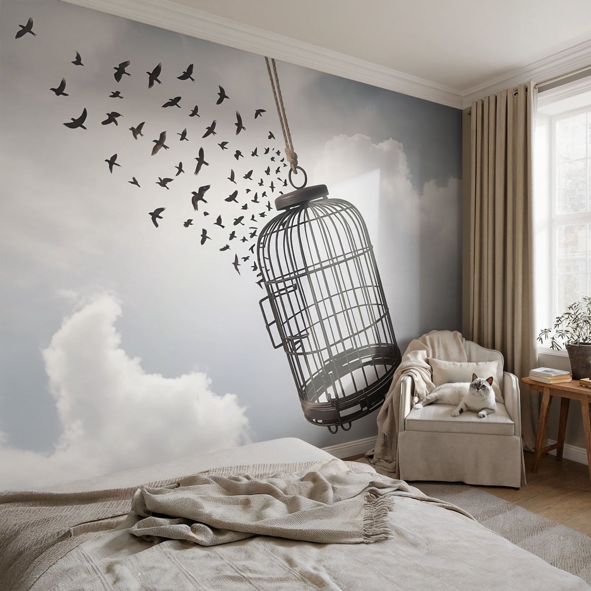 Coloray Vliesbehang - Wit Snellijm Behang - 104x70 cm - Vliegende Vogels Muurschildering - Gang behang Dieren - Fotobehang Vlies - Slaapkamer behang