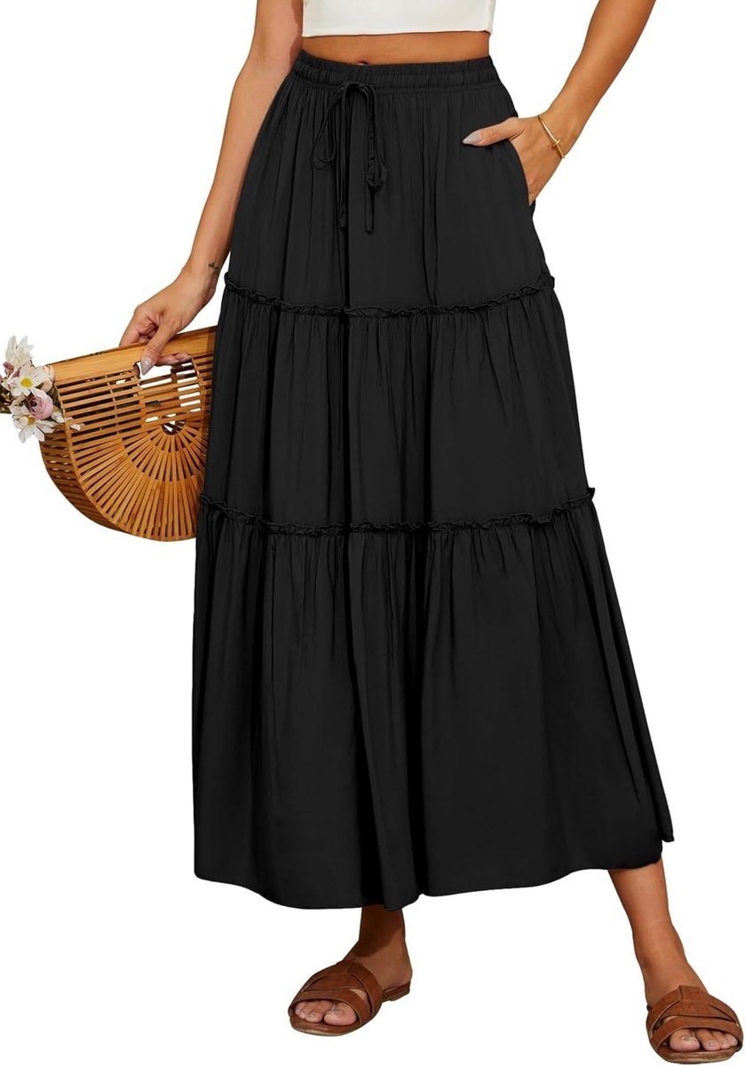 Maxirok voor dames, lang, elegant, boho, casual, midi-rok, A-lijn, effen, zomerrok, rok met zakken, elastische hoge taille, strandrok, vrijetijdsrok