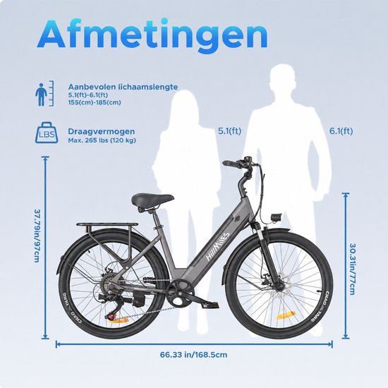 HillMiles MileCity 1 Elektrische fiets | 250W motor | Actieradius tot 80 km | Verwijderbare 36V 13Ah accu | 7 versnellingen | 26 inch stadsfiets, Grijs — afbeelding 5