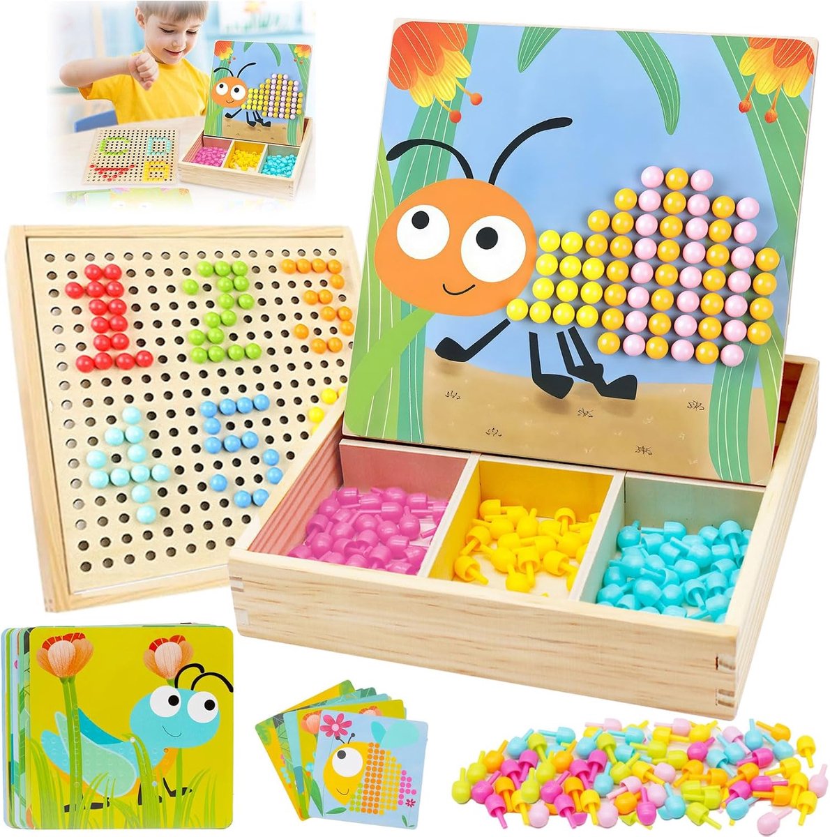 Mozaïek steekspel, mozaïek knutselset voor kinderen, speelgoed tot 5 jaar, mozaïek-steekspel, pegboard met 240 steekkralen, 10 afbeeldingen, Montessori-speelgoed, cadeaus voor kinderen
