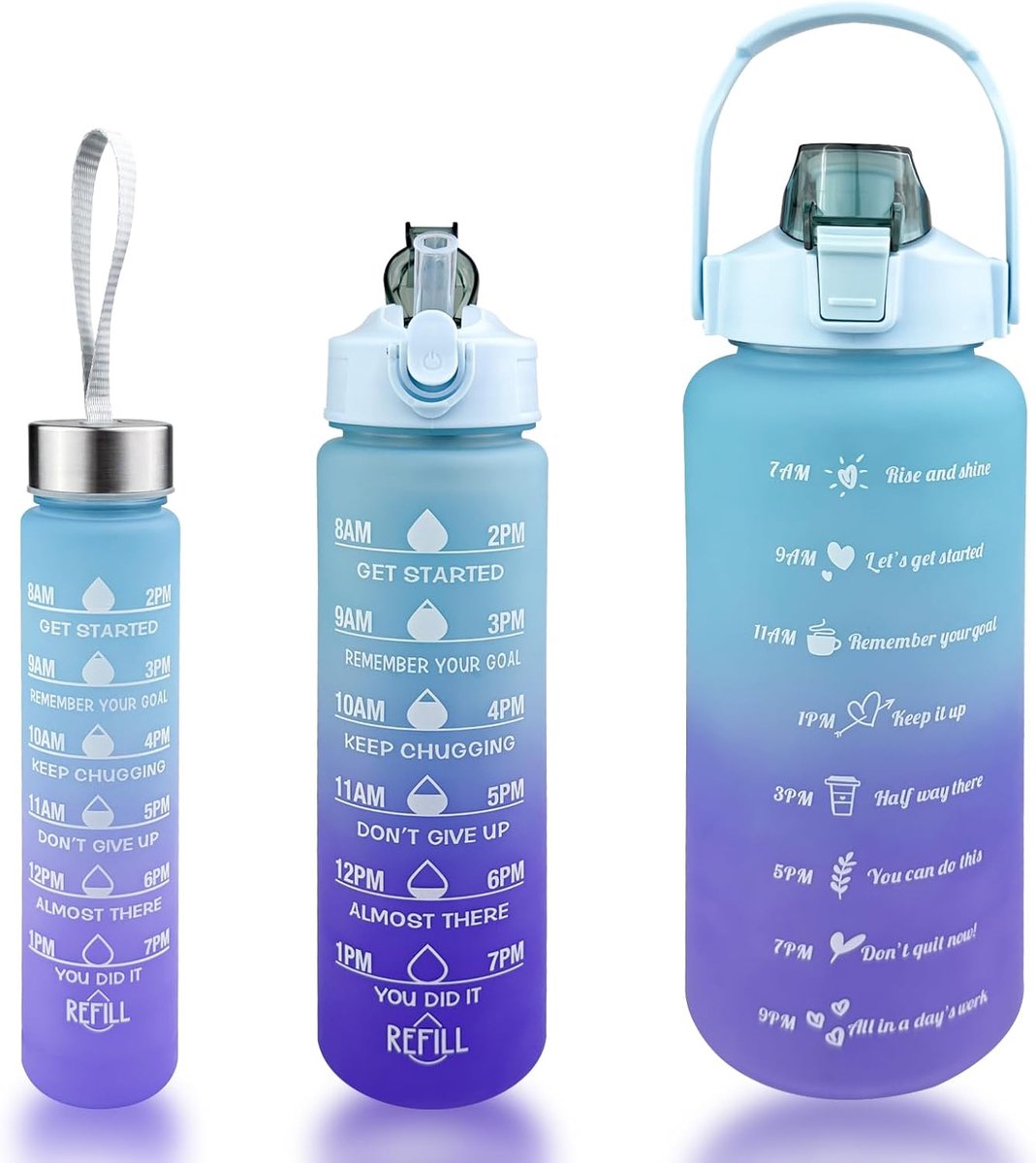 3 stuks waterfles, 2 l, 800 ml, 300 ml, motiverende fitnessfles met tijdmarkering, BPA-vrij, voor school, camping, yoga, sportschool, blauw-paars