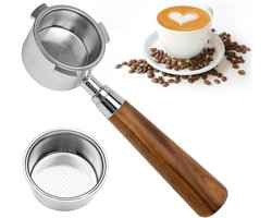 Zonder bodem, 51 mm, compatibel met DeLonghi Dedica EC680/EC685/EC885 espressomachines, koffiezeefhouder met filtermand van roestvrij staal, 3 oren en houten handvat (houtkleur)
