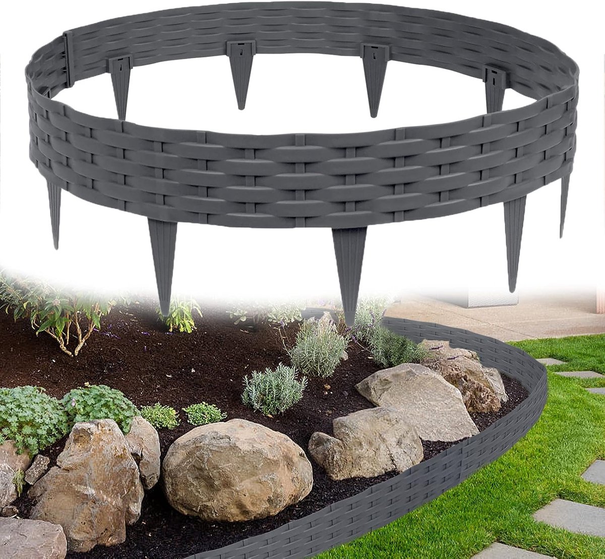 Kunststof rotan ronde bloembedomranding 10m palissade met 10 elementen á 100 cm (antraciet)