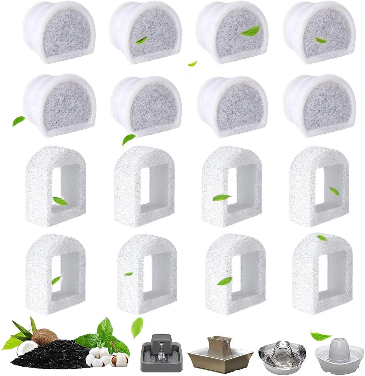 16 stuks waterfonteinfilters voor katten, compatibel met PetSafe Drinkwell fonteinen, 8 vervangende koolstoffilters+8 vervangende sponzen, schuimfilter voor honden- en kattenfonteinen
