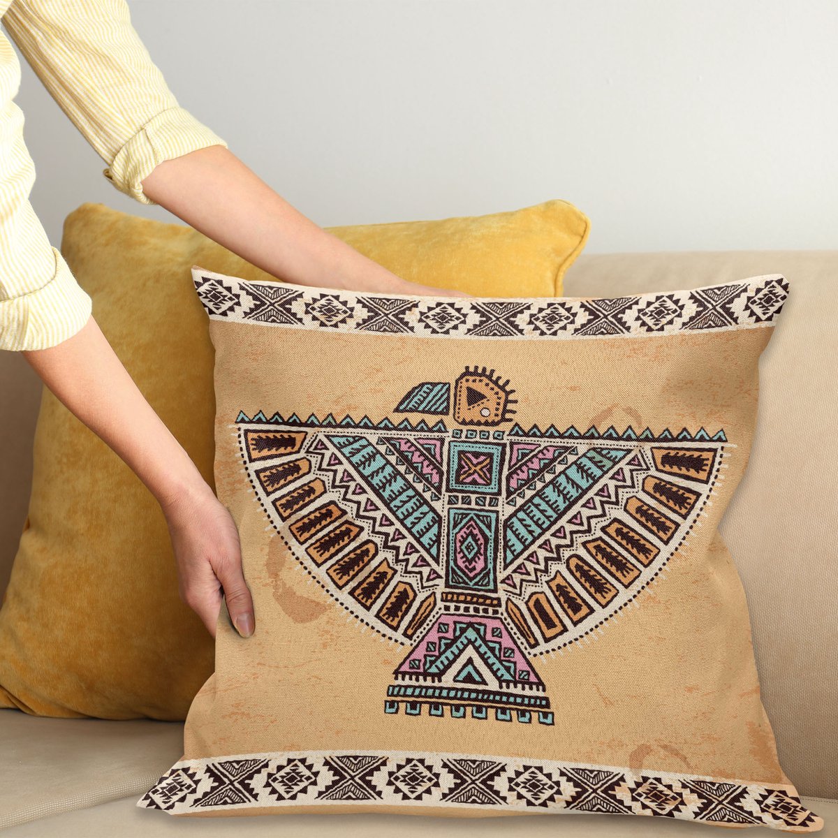 ABAKUHAUS Aztec Sierkussenhoes, Tribal Vintage Folk Vogel met Open Wings, Decoratieve Vierkante Sierkussenhoes, 40 x 40 cm, Blauw Apricot