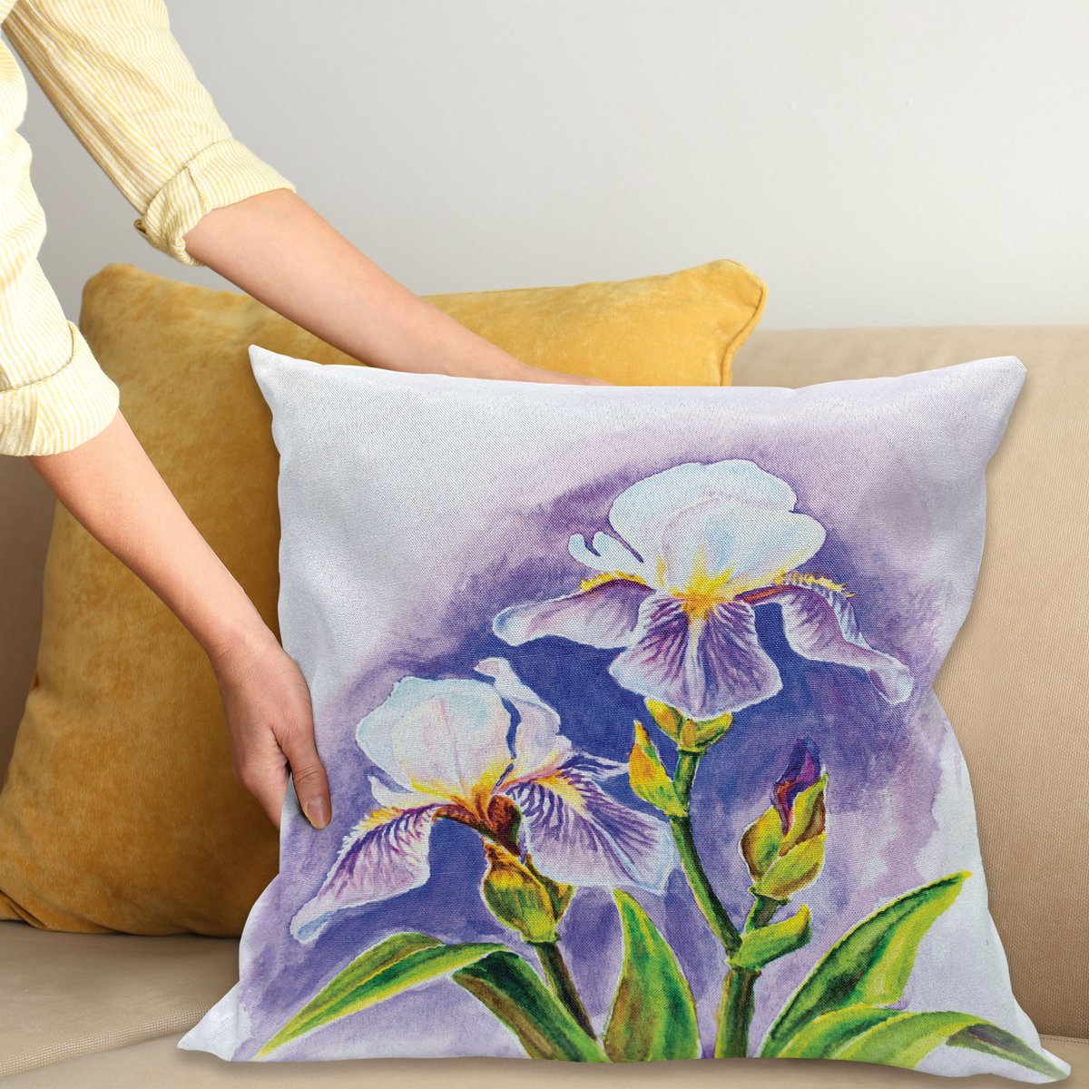 ABAKUHAUS Aquarel Bloem Sierkussenhoes, Painting van Iris Bloem Lente Seizoen Bloeiend Plant Natuur Kunst, Decoratieve Vierkante Sierkussenhoes, 40 x 40 cm, Violet Groen