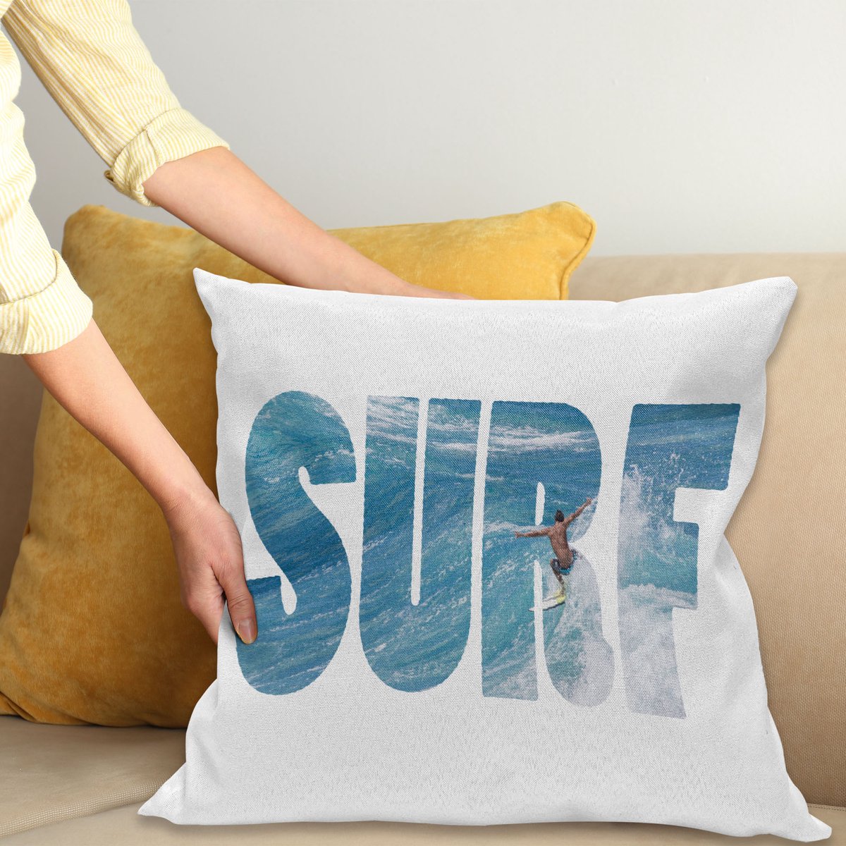 ABAKUHAUS Surf Sierkussenhoes, Surfer Riding Giant Majestic Oceaan Wave in Hawaii Adrenalin Epic Athlete Zee Pacific, Decoratieve Vierkante Sierkussenhoes, 50 x 50 cm, Wit Blauw