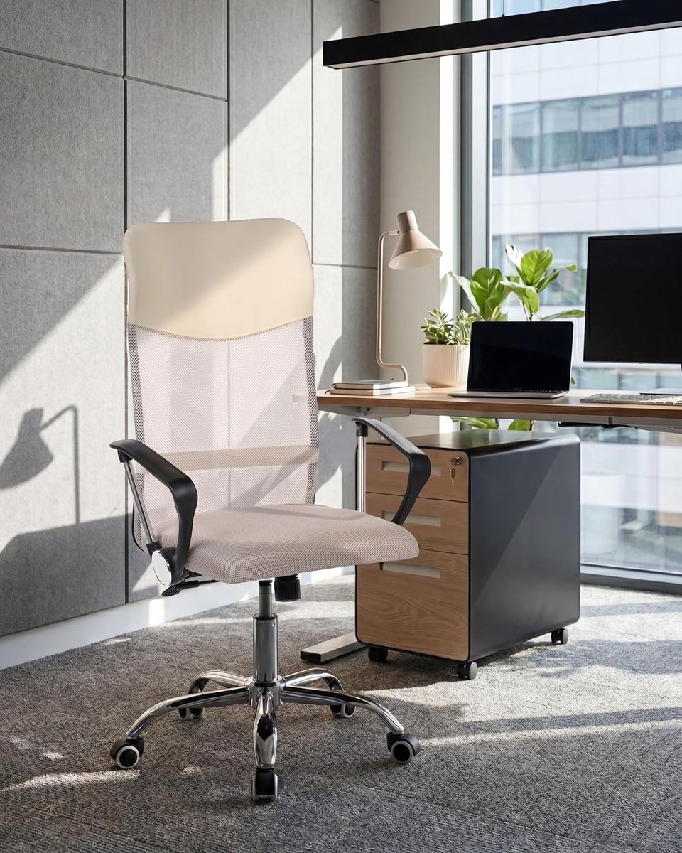 Bureaustoel met hoge rug mesh kunstleer kantelbaar draaibaar beige Design