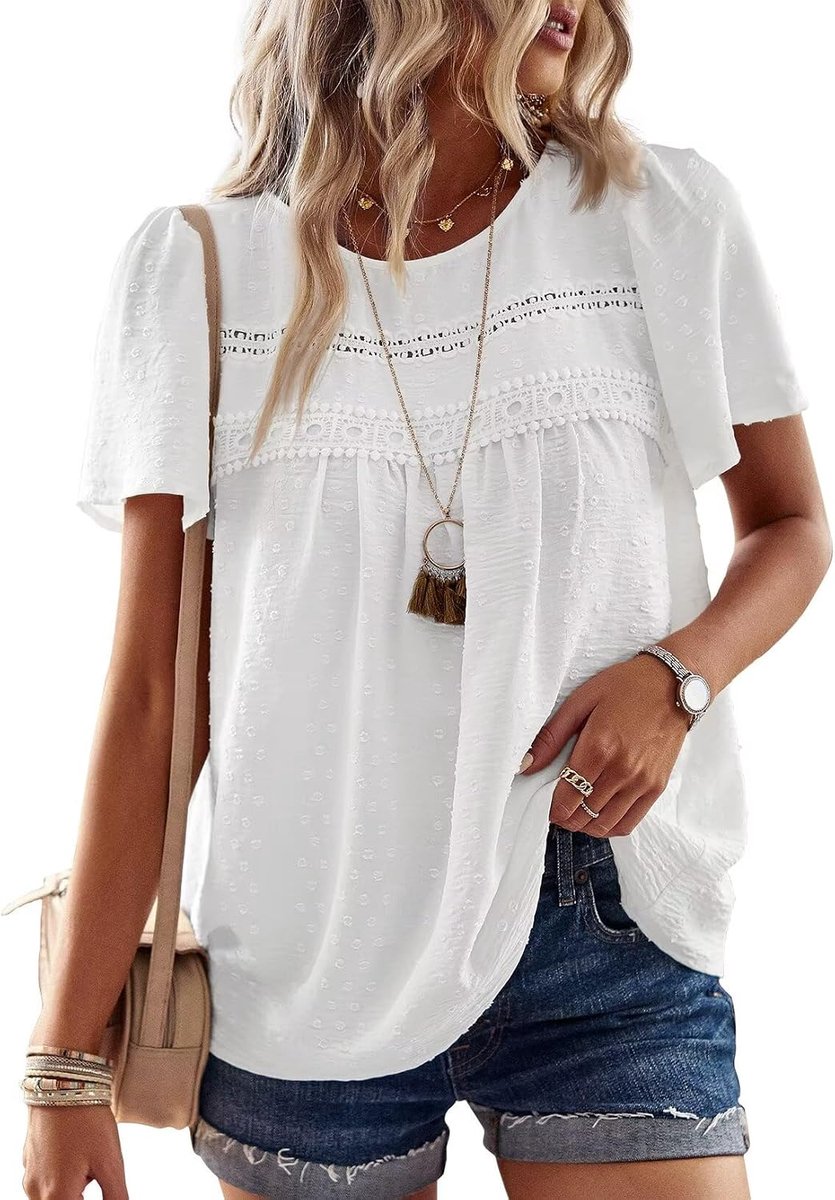Dames Zomer Boho Blouse Korte Mouwen Tops Vloeiend Elegant Ronde Hals T Shirt Tuniek Casual Outfits Kant Kleding