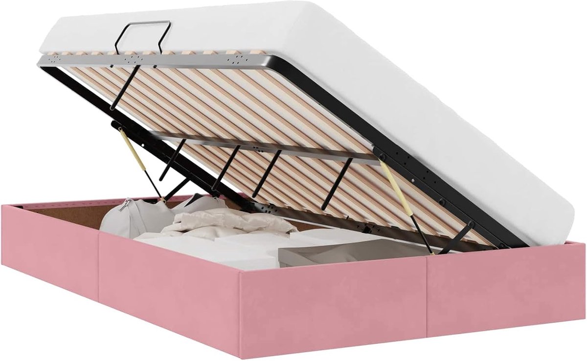 Bed, 120 x 200 cm, roze, hydraulisch opklapbed met opbergruimte, Ottomaanse bedframe met fluwelen bekleding en gepoedercoat frame, vierkante metalen handgrepen voor modern