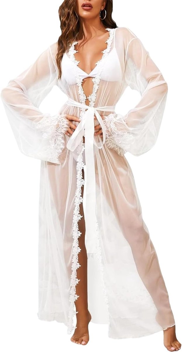 Lingerie voor dames, sexy, kant, bloemenpatroon, pyjama, tule jurk, transparant, lang, cardigan, boho, strand, badpak, bikini-cover-ups met zijden riem, babydoll, bruiloftsbadjas