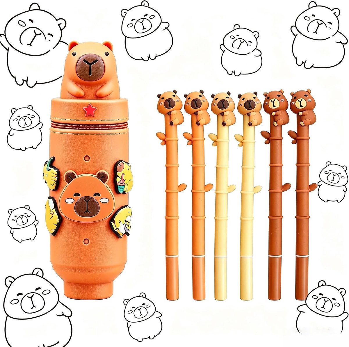 Pennenetui van siliconen met 6 gelpennen van bamboe, Kawaii-schoolschrijfwarenset voor kinderen, zachte bruine pennenhouder en schrijfstiften, cadeau voor kapitara gadget