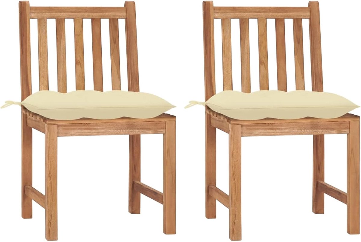 2-delige set, eetkamerstoelen, tuin, outdoor, terras, van teakhout met kussen, crème, 50 x 53 x 90 cm, eetkamerstoelen van hout, eetkamerstoelen voor buiten, van hout