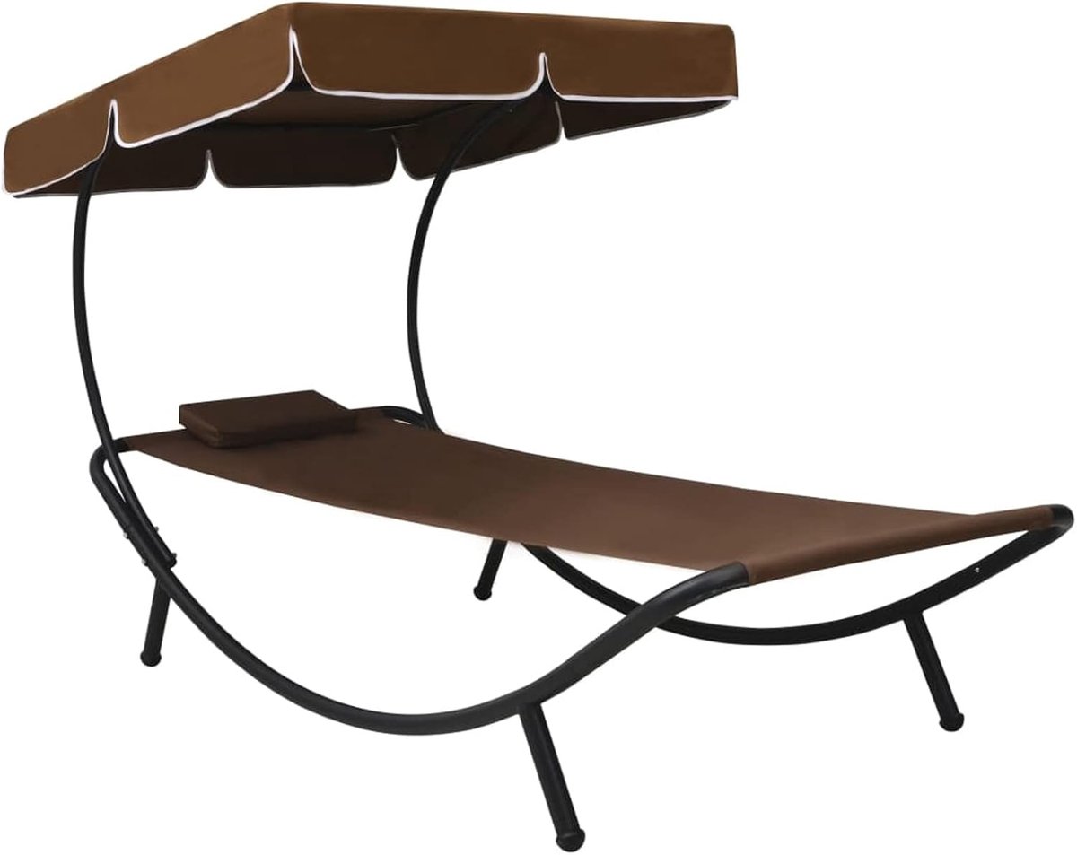 Zonneligstoel met zonnedak en kussen, bruin, ligstoel voor in de tuin, relaxstoel, strandligstoel, tuinmeubelen, 200 x 90 x 112 cm