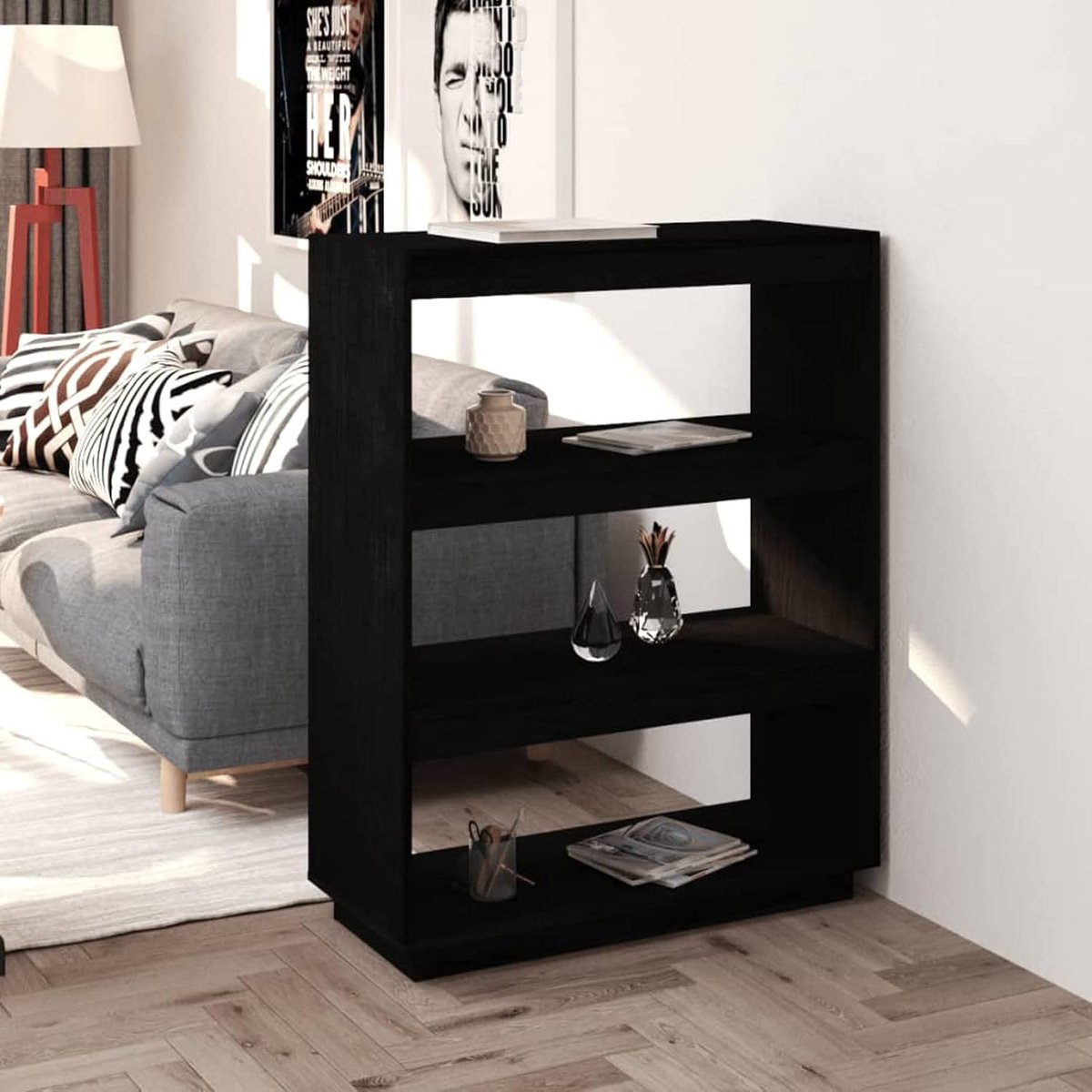 Plank, boekenkast, scheidingswand, ruimteverdeler, moderne plank, woonkamer, slaapkamer, kantoor, massief grenenhout, zwart, 80 x 35 x 103 cm