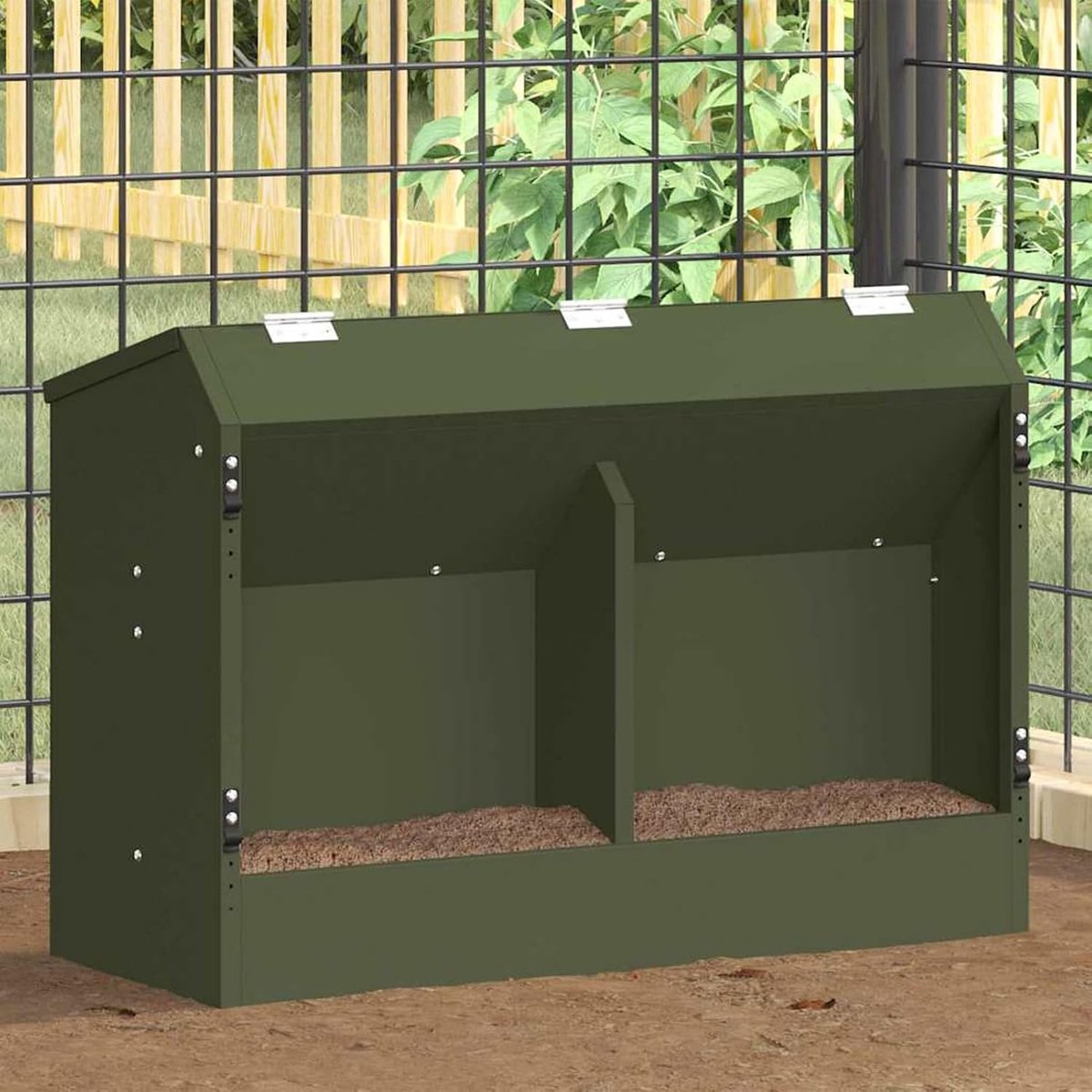 Konijnenvoer, voederautomaat voor kleine dieren, van staal, 64,5 x 25,5 x 45,5 cm, olijfgroen, met clips en bodemgaten, voor binnen en buiten