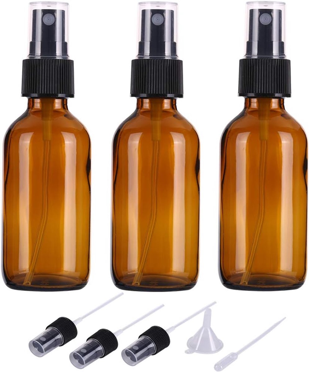 60 ml bruine glazen spuitfles voor etherische oliën, kleine navulbare reizen, fijne nevel, spuitfles, zakverstuiver, zelfgemaakte reinigingsmiddelen en vingerverstuiver, parfumverstuiver (3 stuks)