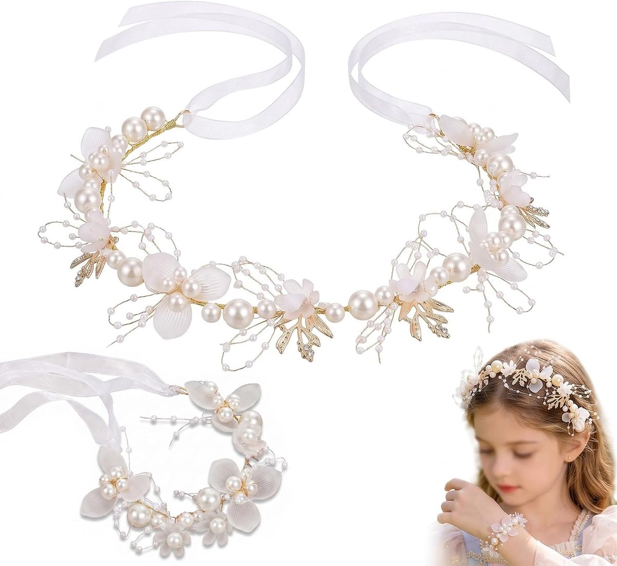 2 bloemenkrans voor kinderen, prinses, haaraccessoires, parelbloemen, haarband wit en parelbloem, armband, wit, bloemenkrans, haar voor bruiloft, communie en verjaardag, bloemenkransen meisjes