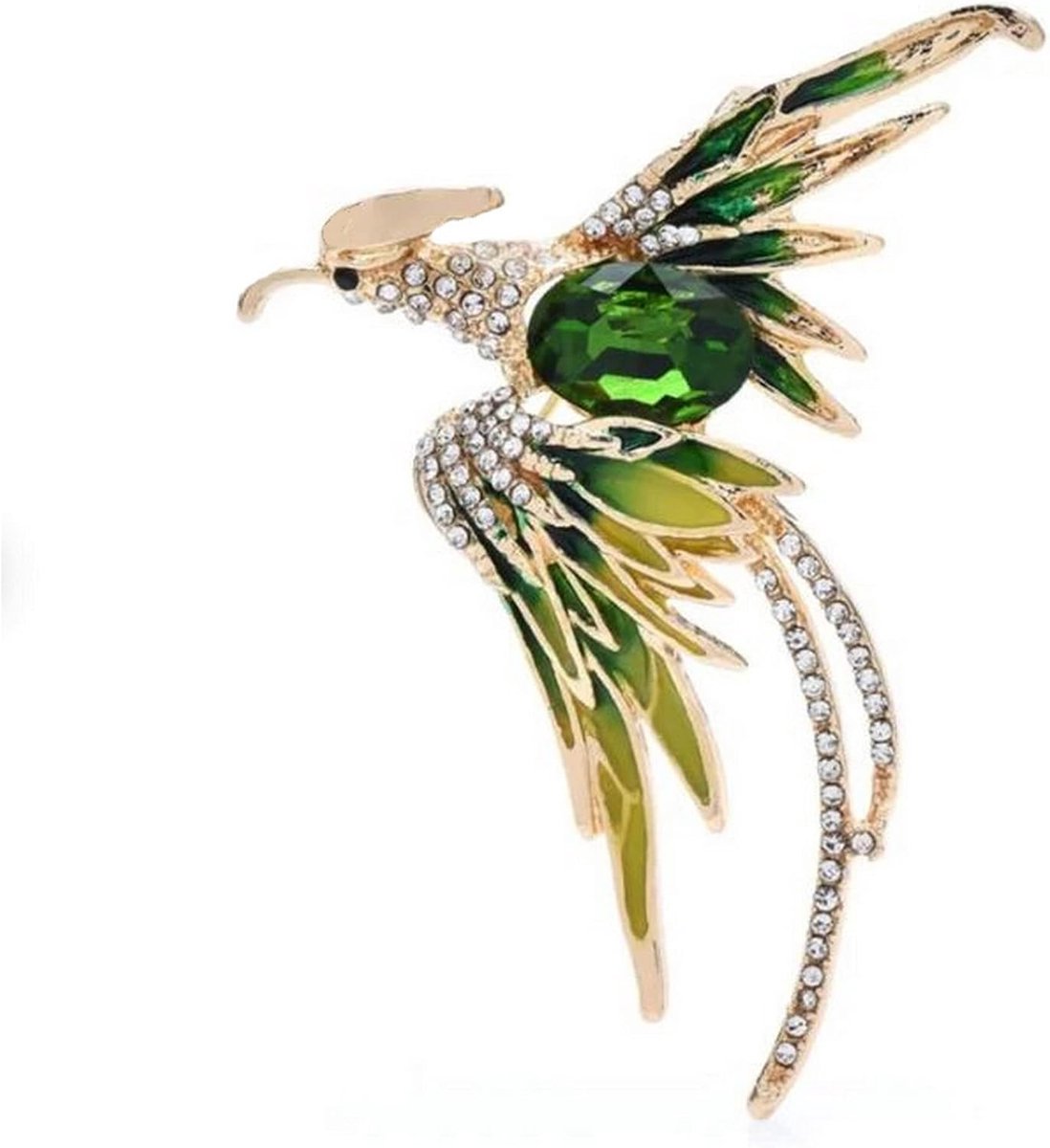 Broche met vogel Phoenix van verguld staal en groen kristal., 5 x 4 cm, Roestvrij staal