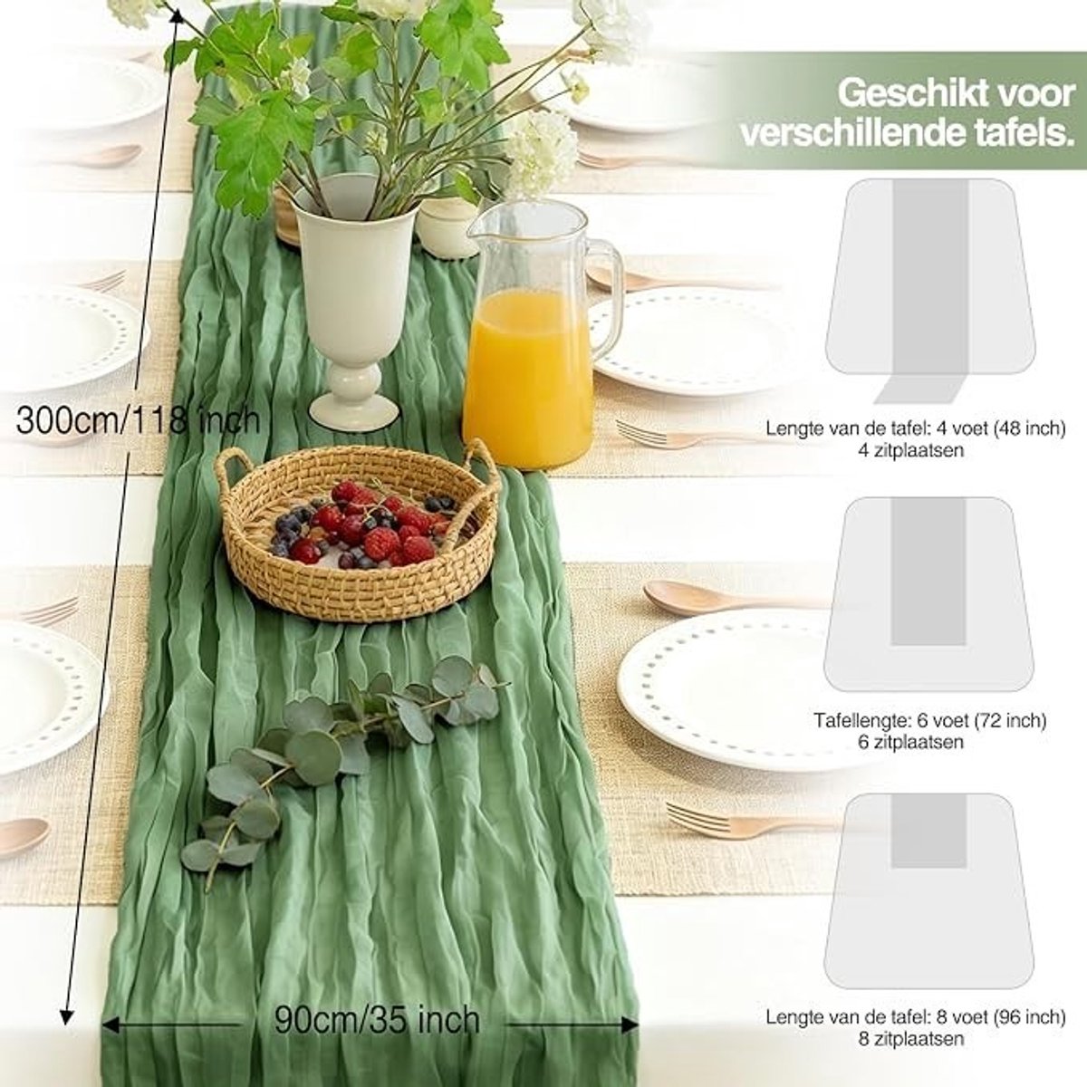 Livatto Kaasdoek Tafelloper Donker Saliegroen 300 x 90 cm - Boho Gaas Tafelloper voor Bruiloften en Feesten