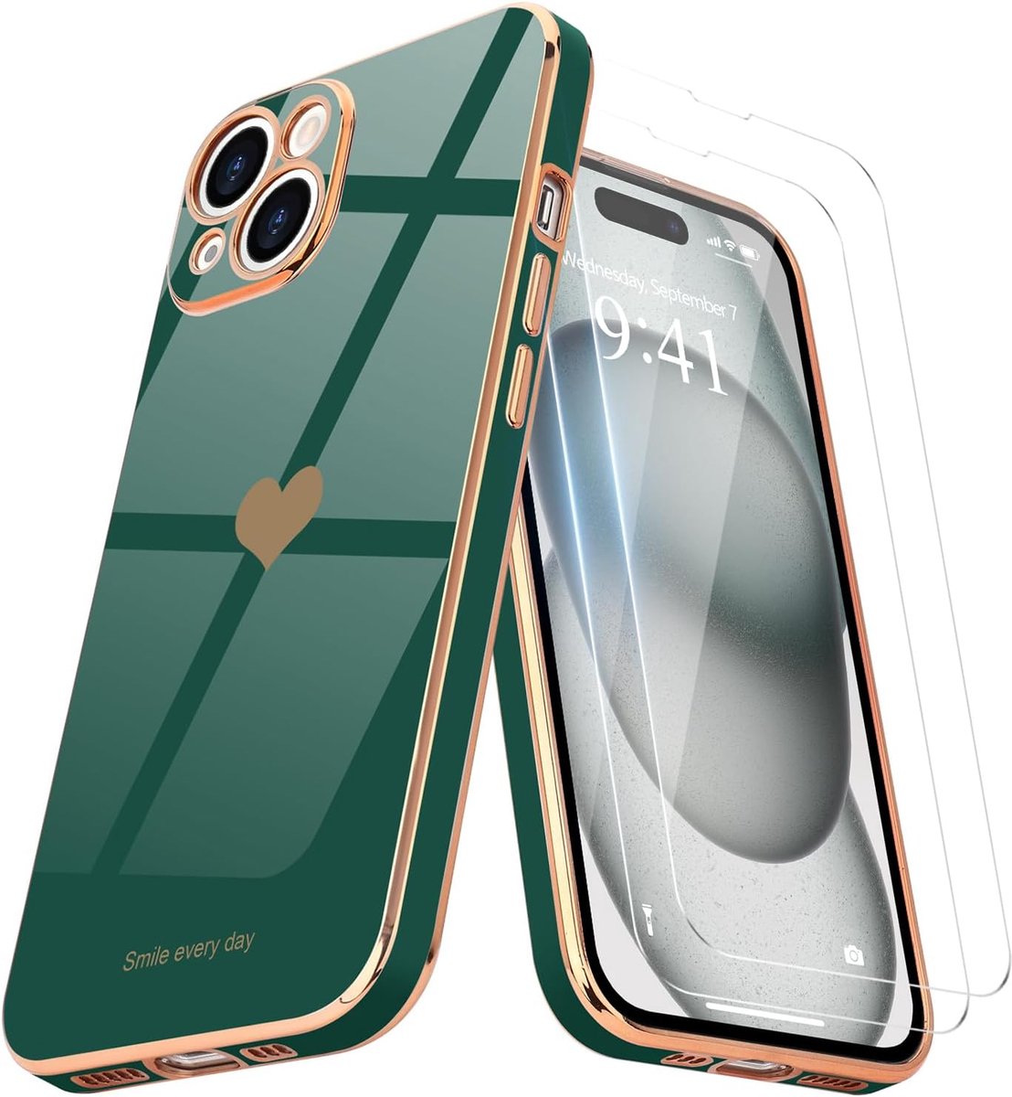 Compatibel met iPhone 15 hoesje + 2 stuks beschermfolie, meisjes hart styling hoesje Vergulde zachte TPU beschermhoes camerabescherming krasbestendig telefoonhoesje voor iPhone 15, donkergroen