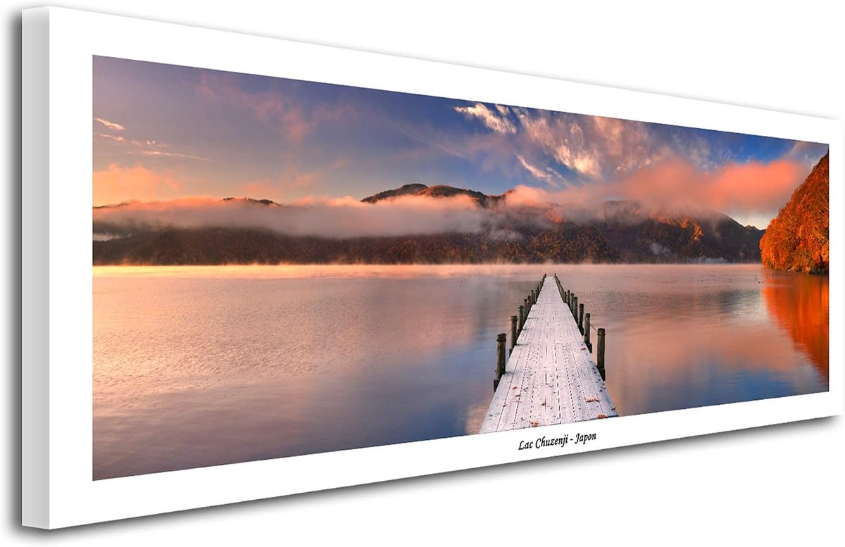 Landschap Chuzenji-meer – kunstdruk foto landschap op canvas wanddecoratie – decoratie voor huis, keuken, woonkamer, slaapkamer volwassenen – 150 x 60 cm