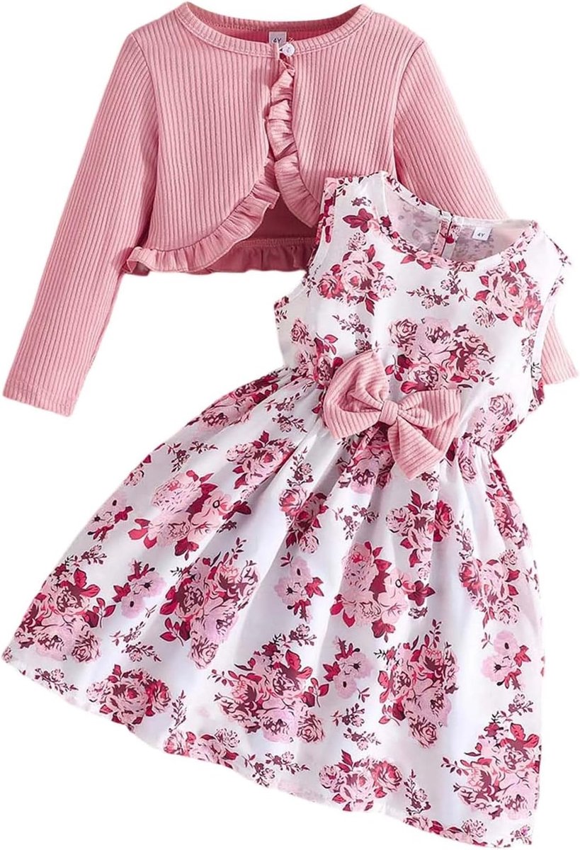 2-delige set voor meisjes, jurken en jas voor peuters, casual outfits lente herfst voor baby's meisjes van 2 tot 8 jaar, modieuze mouwloze jurk en cardigan