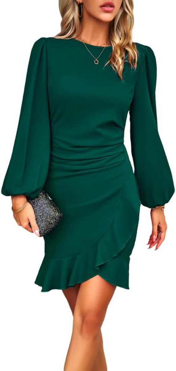 Jurk voor dames, lange mouwen, midi-bodyconjurk, onregelmatige zoom, ruches, partyjurk, ruches, zwart, elegante cocktailjurk, ceremonie, knielange jurk
