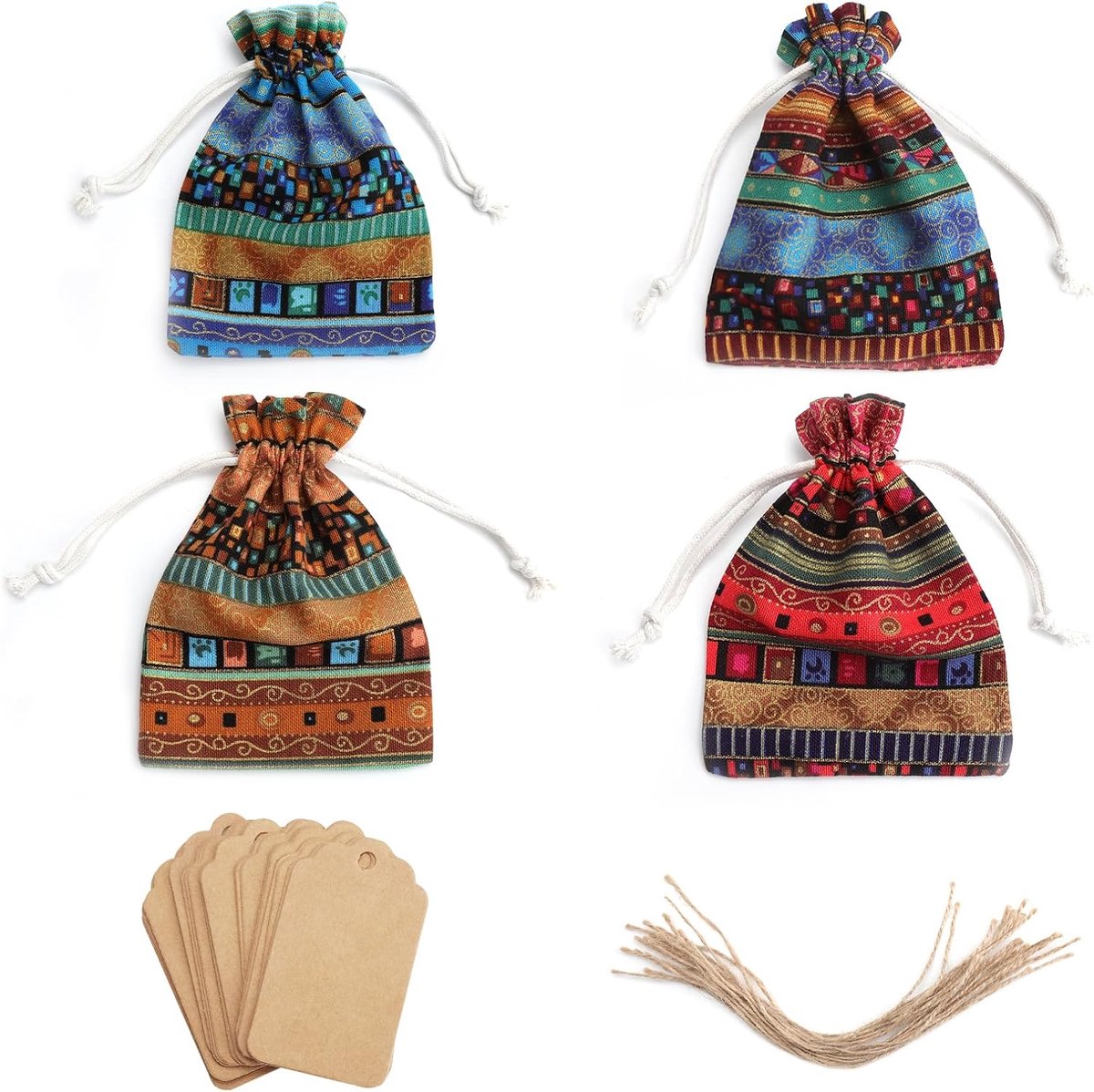 Dailygoods- Jute Zakjes 24 Stuks - 10 x 14 cm - Cadeauzakjes met Trekkoord - Kleine Stoffen Zakjes - Etnische Stijl - Met Labels en Koord