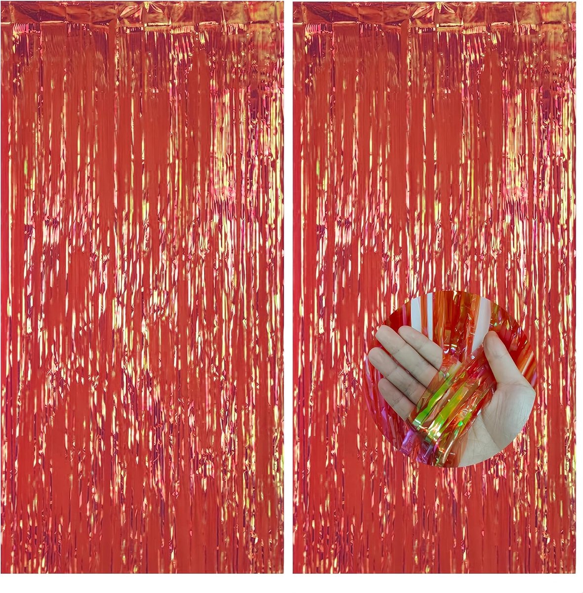 2 stuks holografische rode glitter klatergoud gordijnen folie gordijn achtergrond, 1 x 2 m iriserend gordijn feestfolie deurgordijn franje gordijnen klatergoud achtergrond voor verjaardag vreemdeling