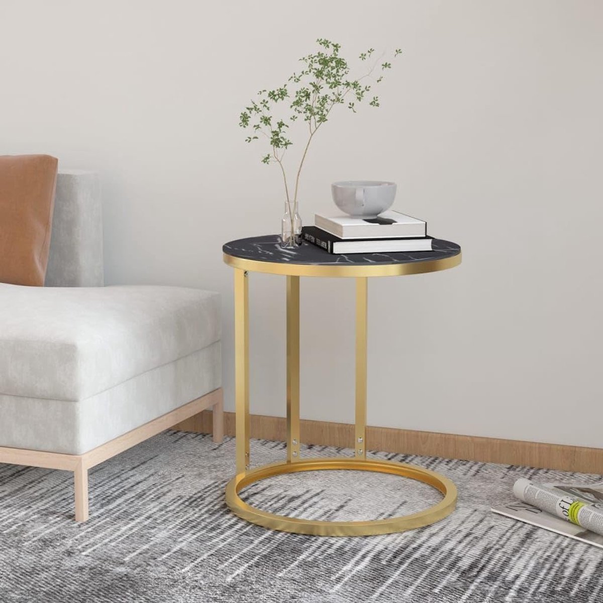 Salontafel voor de woonkamer, bijzettafel, bijzettafel, goud/zwart, marmerlook, 45 cm, gehard glas, voor kantoor, woonkamer, slaapkamer