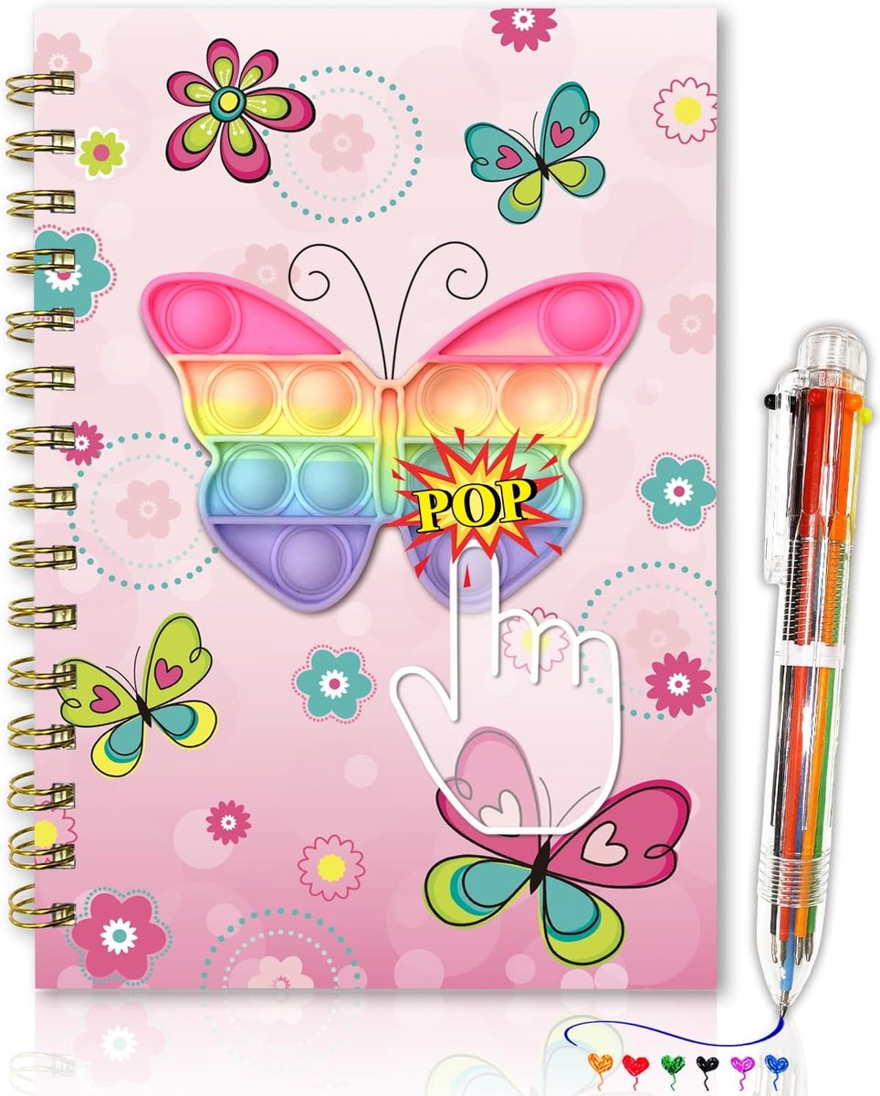 Dagboek voor Meisjes, Vlinder Wiebelen Notitieboek Spiraalblok met 6-kleuren Pen 21x14,5 cm 80 Vellen Notitieboekje Verjaardagscadeau voor Kinderen van 6 tot 12 Jaar