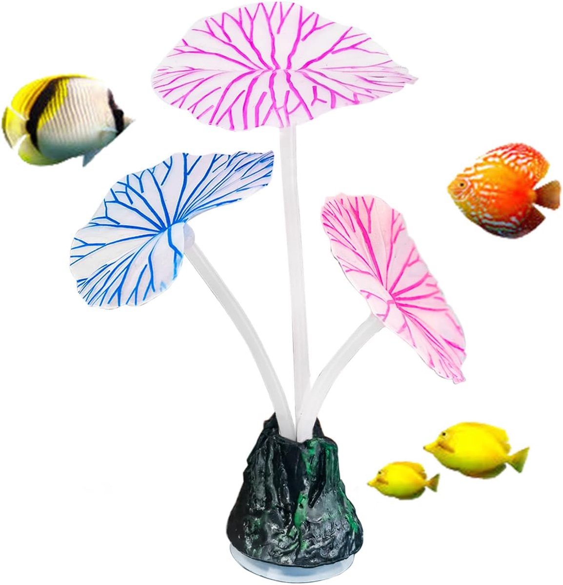 Dailygoods- Aquariumdecoratie Oplichtend Effect - Siliconen Lotusblad - Kunstmatige Heuvel - Veelkleurig - 3 Lotusbladeren - Afmetingen 3 x 8 x 10 cm