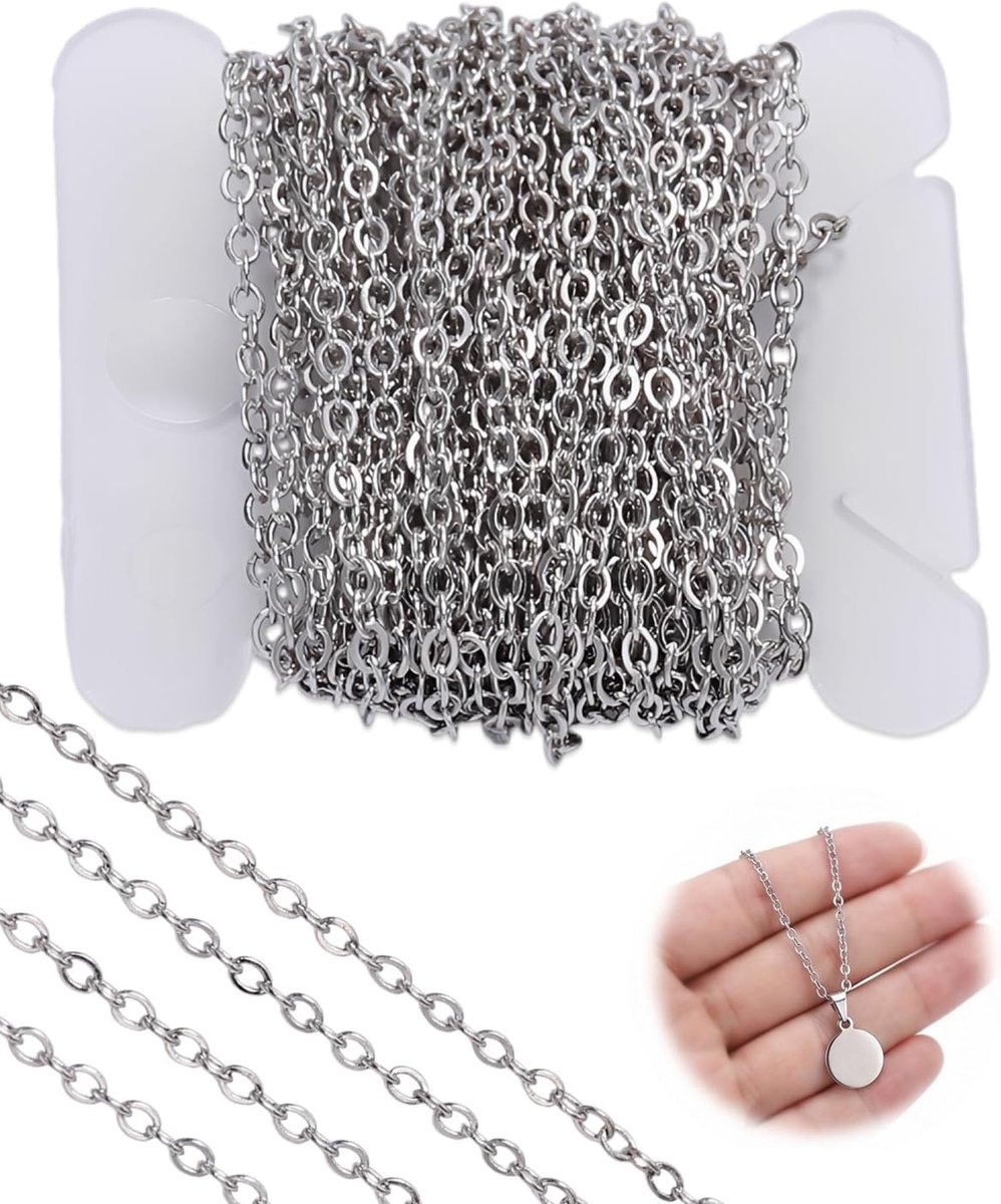 1 x 5 m roestvrijstalen ketting, zilver, 3,5 mm, O-schakelketting voor doe-het-zelf sieraden, corrosiebestendig en hypoallergeen, hoogwaardige per meter voor persoonlijke accessoires