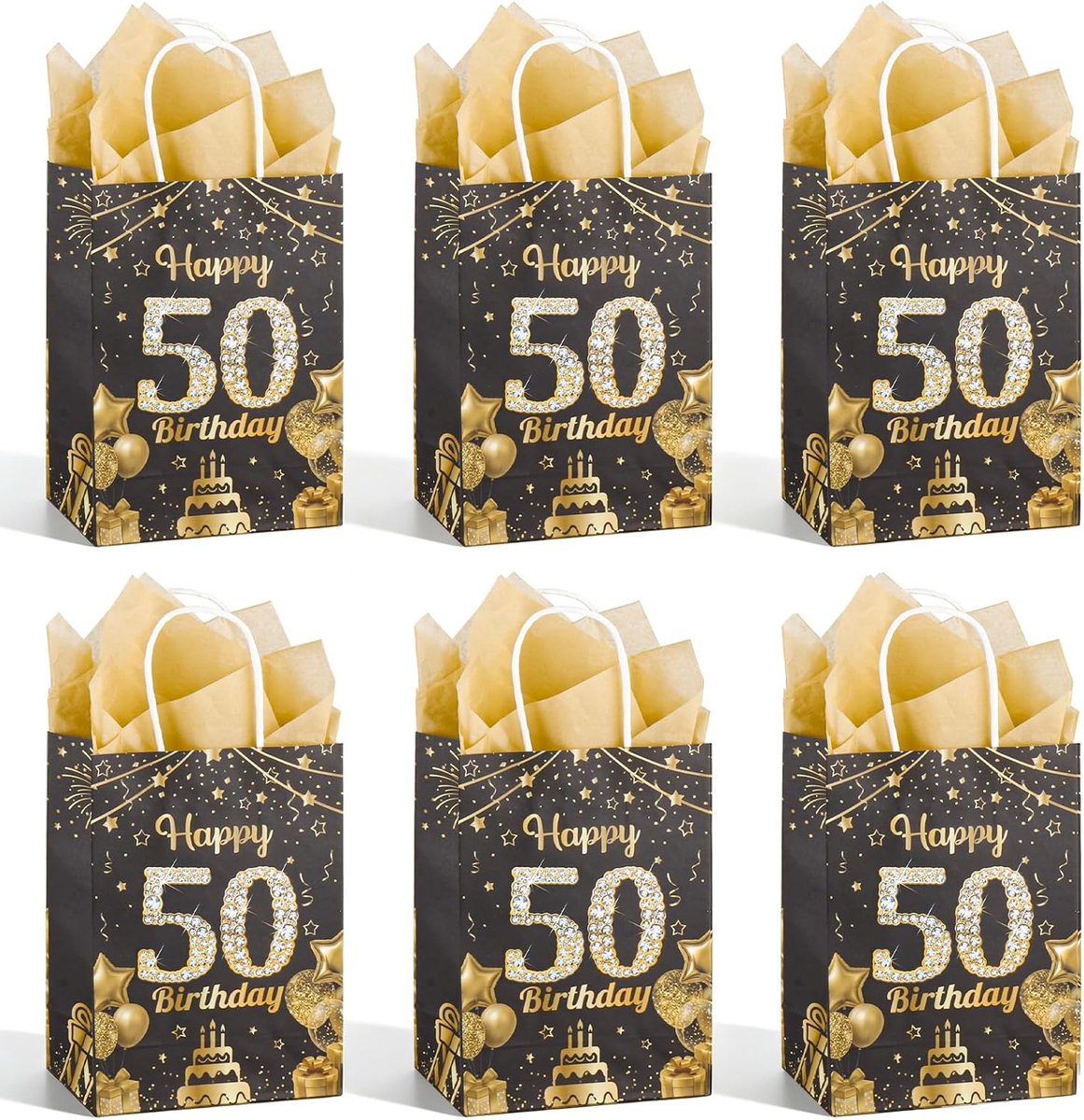 6 geschenkzakjes voor de 50e verjaardag, zwart en goud met pailletten, "Happy 50 Birthday" met handgrepen en cadeaukaart, voor geschenken en feestjes