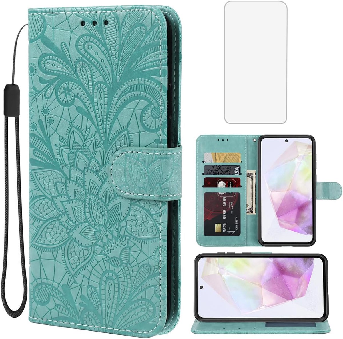 Hoes voor mobiele telefoon voor Galaxy A36 5G Case/GalaxyA37 SM-A366B hoes met schermbescherming. Portemonneehoes van kant bloemen kunstleder met kaartsleuven, klaphoes voor Samsung Galaxy A36