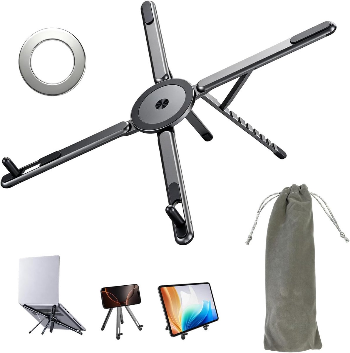 Laptopstandaard, in hoogte verstelbaar, 3-in-1 opvouwbare aluminium houder voor 4-16 inch apparaten, draagbare magnetische tabletstandaard, telefoonhouder, 8 verstelbare hoogtes, ergonomische