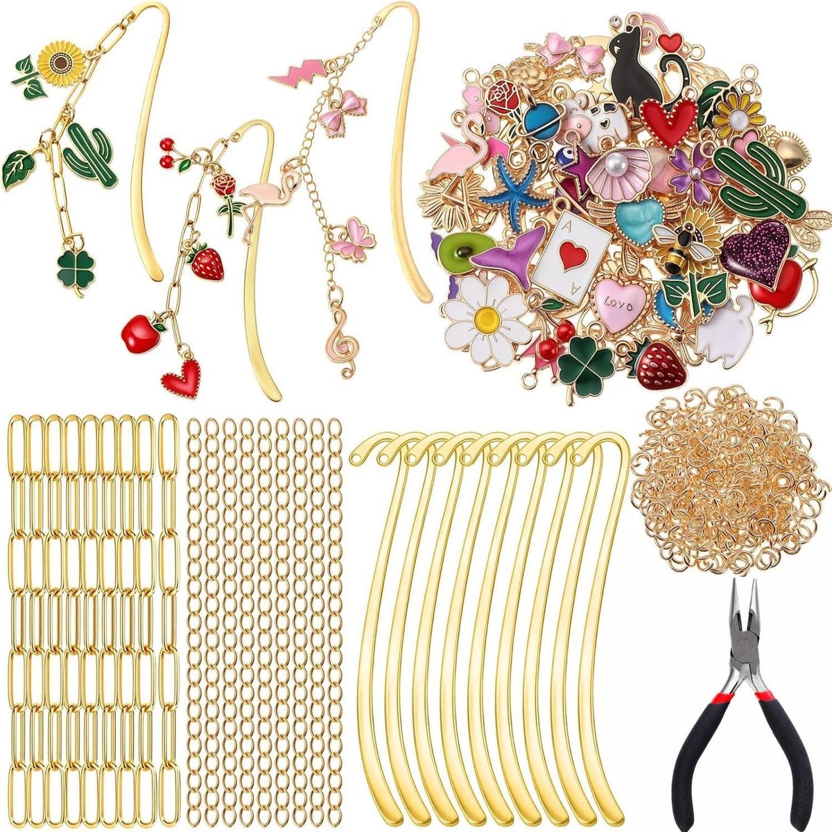 250 stuks metalen bladwijzers knutselen, schakelketting goud met 75 hangers, buigringen, kettingen en gereedschap, kettingen zelf maken set voor doe-het-zelf handwerk, cadeauhangers