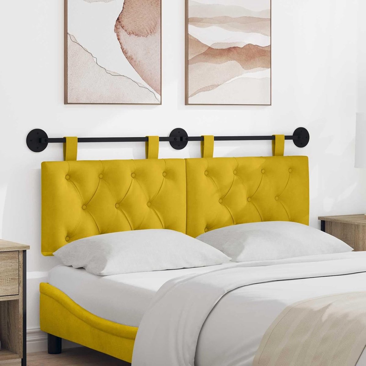 Hoofdeinde voor aan de muur, geel fluweel met knoopstiksel, veelzijdig als rugleuning in slaapkamer en woonkamer te gebruiken, gemaakt van houtmaterialen en schuimstof
