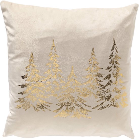 Wit fluwelen sierkussen met gouden kerstbomen.